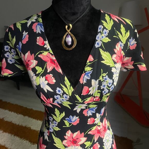 Vintage Betsey Johnson Size Medium Y2K 1990's Floral Mini Dress Black V Neck - Picture 2 of 10